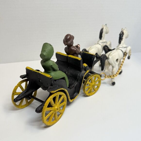 Vintage Cast Iron Double White Horse Drawn Carriage With Driver & Lady Passenger - Picture 5 of 7